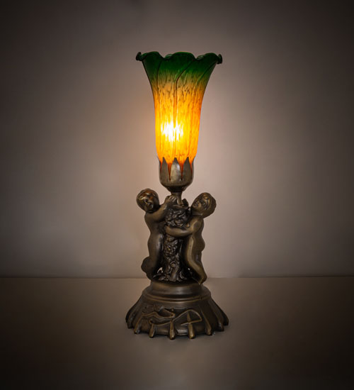 Bronze Color Desk Lamp Girl Fairy Pixie Praying Lily Green Amber Glass  Shade