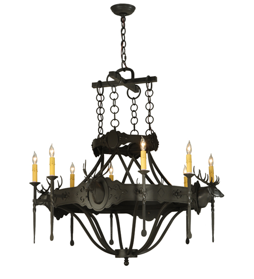  LODGE RUSTIC OR MOUNTIAN GREAT ROOM GOTHIC ANIMALS SCROLL FEATURES CRAFTED OF STEEL FORGED AND CAST IRON FAUX CANDLE SLEVES CANDLE BULB ON TOP