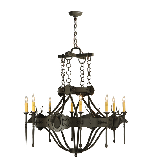  LODGE RUSTIC OR MOUNTIAN GREAT ROOM GOTHIC ANIMALS SCROLL FEATURES CRAFTED OF STEEL FORGED AND CAST IRON FAUX CANDLE SLEVES CANDLE BULB ON TOP