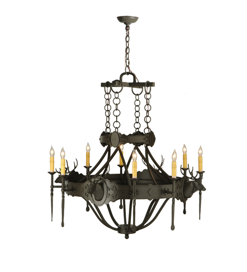  LODGE RUSTIC OR MOUNTIAN GREAT ROOM GOTHIC ANIMALS SCROLL FEATURES CRAFTED OF STEEL FORGED AND CAST IRON FAUX CANDLE SLEVES CANDLE BULB ON TOP