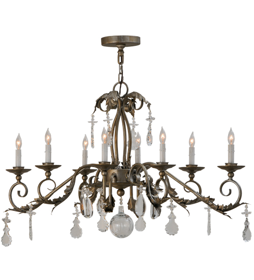  VICTORIAN SCROLL FEATURES CRAFTED OF STEEL IN CHANDELIERS CRYSTAL ACCENTS STAMPED/CAST METAL LEAF ROSETTE FLOWER ACCENT