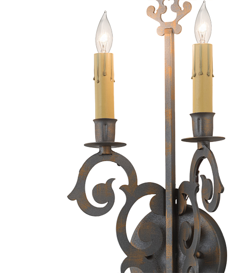  GOTHIC SCROLL FEATURES CRAFTED OF STEEL FRENCH WIRING EXPOSED WIRING HELD BY LOOPS OR TABS FAUX CANDLE SLEVES CANDLE BULB ON TOP