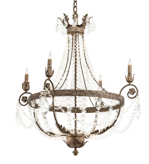  VICTORIAN SCROLL FEATURES CRAFTED OF STEEL CRYSTAL ACCENTS CRYSTAL CHANDELIER FAUX CANDLE SLEVES CANDLE BULB ON TOP STAMPED/CAST METAL LEAF ROSETTE FLOWER ACCENT