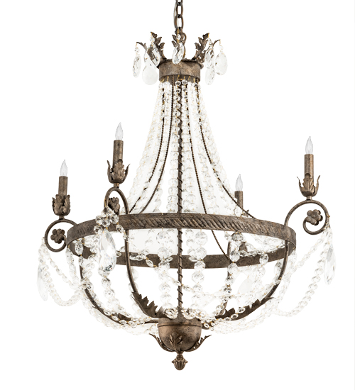  VICTORIAN SCROLL FEATURES CRAFTED OF STEEL CRYSTAL ACCENTS CRYSTAL CHANDELIER FAUX CANDLE SLEVES CANDLE BULB ON TOP STAMPED/CAST METAL LEAF ROSETTE FLOWER ACCENT
