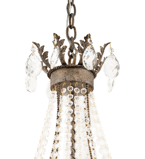  VICTORIAN SCROLL FEATURES CRAFTED OF STEEL CRYSTAL ACCENTS CRYSTAL CHANDELIER FAUX CANDLE SLEVES CANDLE BULB ON TOP STAMPED/CAST METAL LEAF ROSETTE FLOWER ACCENT