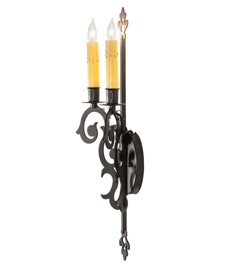  VICTORIAN GOTHIC SCROLL FEATURES CRAFTED OF STEEL FRENCH WIRING EXPOSED WIRING HELD BY LOOPS OR TABS FAUX CANDLE SLEVES CANDLE BULB ON TOP