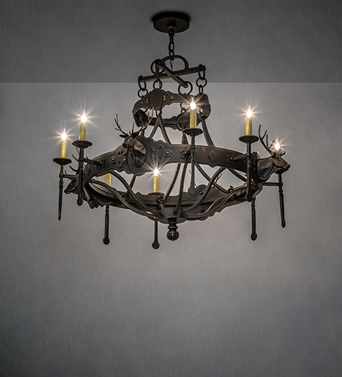  LODGE RUSTIC OR MOUNTIAN GREAT ROOM GOTHIC ANIMALS SCROLL FEATURES CRAFTED OF STEEL FORGED AND CAST IRON FAUX CANDLE SLEVES CANDLE BULB ON TOP