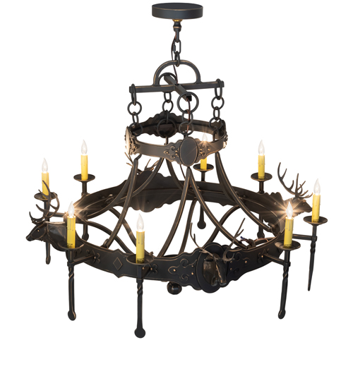  LODGE RUSTIC OR MOUNTIAN GREAT ROOM GOTHIC ANIMALS SCROLL FEATURES CRAFTED OF STEEL FORGED AND CAST IRON FAUX CANDLE SLEVES CANDLE BULB ON TOP