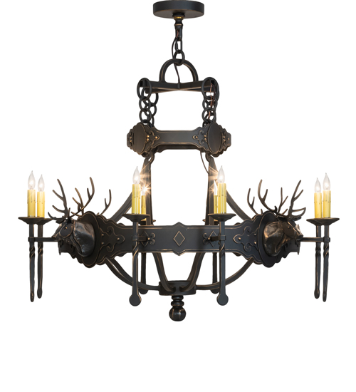  LODGE RUSTIC OR MOUNTIAN GREAT ROOM GOTHIC ANIMALS SCROLL FEATURES CRAFTED OF STEEL FORGED AND CAST IRON FAUX CANDLE SLEVES CANDLE BULB ON TOP