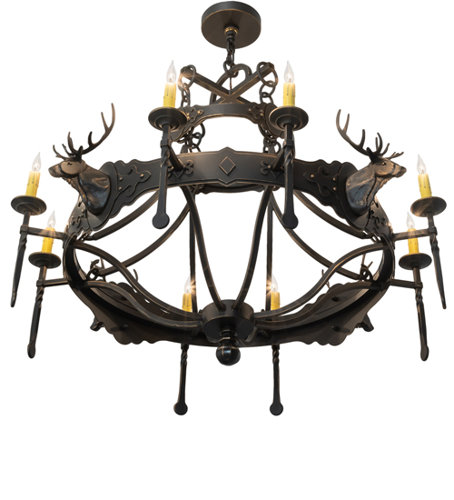  LODGE RUSTIC OR MOUNTIAN GREAT ROOM GOTHIC ANIMALS SCROLL FEATURES CRAFTED OF STEEL FORGED AND CAST IRON FAUX CANDLE SLEVES CANDLE BULB ON TOP