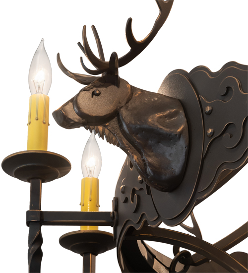  LODGE RUSTIC OR MOUNTIAN GREAT ROOM GOTHIC ANIMALS SCROLL FEATURES CRAFTED OF STEEL FORGED AND CAST IRON FAUX CANDLE SLEVES CANDLE BULB ON TOP