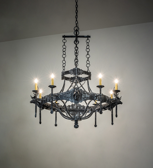  LODGE RUSTIC OR MOUNTIAN GREAT ROOM GOTHIC ANIMALS SCROLL FEATURES CRAFTED OF STEEL IN CHANDELIERS FORGED AND CAST IRON FAUX CANDLE SLEVES CANDLE BULB ON TOP