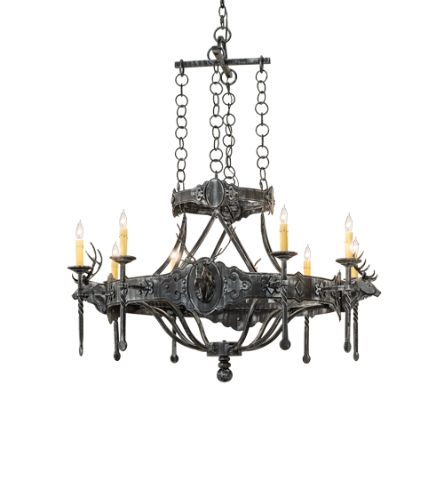  LODGE RUSTIC OR MOUNTIAN GREAT ROOM GOTHIC ANIMALS SCROLL FEATURES CRAFTED OF STEEL FORGED AND CAST IRON FAUX CANDLE SLEVES CANDLE BULB ON TOP