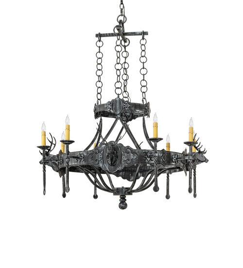  LODGE RUSTIC OR MOUNTIAN GREAT ROOM GOTHIC ANIMALS SCROLL FEATURES CRAFTED OF STEEL FORGED AND CAST IRON FAUX CANDLE SLEVES CANDLE BULB ON TOP