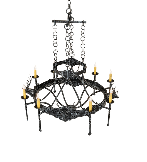  LODGE RUSTIC OR MOUNTIAN GREAT ROOM GOTHIC ANIMALS SCROLL FEATURES CRAFTED OF STEEL FORGED AND CAST IRON FAUX CANDLE SLEVES CANDLE BULB ON TOP