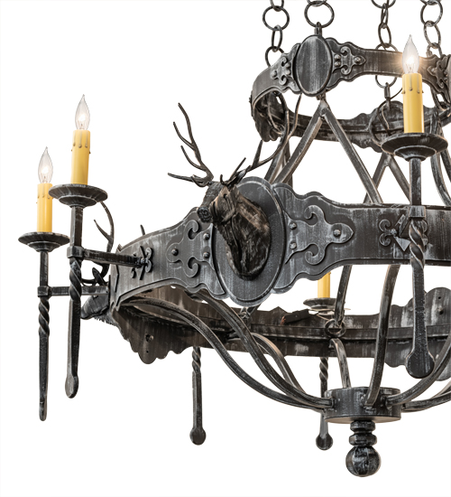  LODGE RUSTIC OR MOUNTIAN GREAT ROOM GOTHIC ANIMALS SCROLL FEATURES CRAFTED OF STEEL FORGED AND CAST IRON FAUX CANDLE SLEVES CANDLE BULB ON TOP