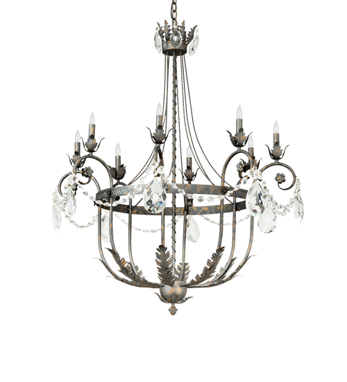  VICTORIAN SCROLL FEATURES CRAFTED OF STEEL CRYSTAL ACCENTS CRYSTAL CHANDELIER FAUX CANDLE SLEVES CANDLE BULB ON TOP STAMPED/CAST METAL LEAF ROSETTE FLOWER ACCENT