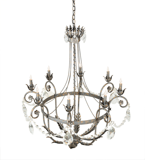  VICTORIAN SCROLL FEATURES CRAFTED OF STEEL CRYSTAL ACCENTS CRYSTAL CHANDELIER FAUX CANDLE SLEVES CANDLE BULB ON TOP STAMPED/CAST METAL LEAF ROSETTE FLOWER ACCENT