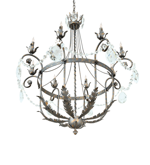  VICTORIAN SCROLL FEATURES CRAFTED OF STEEL CRYSTAL ACCENTS CRYSTAL CHANDELIER FAUX CANDLE SLEVES CANDLE BULB ON TOP STAMPED/CAST METAL LEAF ROSETTE FLOWER ACCENT