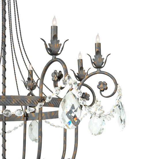  VICTORIAN SCROLL FEATURES CRAFTED OF STEEL CRYSTAL ACCENTS CRYSTAL CHANDELIER FAUX CANDLE SLEVES CANDLE BULB ON TOP STAMPED/CAST METAL LEAF ROSETTE FLOWER ACCENT