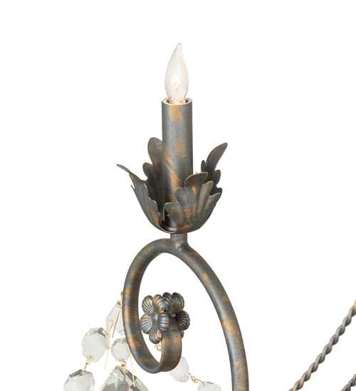  VICTORIAN SCROLL FEATURES CRAFTED OF STEEL CRYSTAL ACCENTS CRYSTAL CHANDELIER FAUX CANDLE SLEVES CANDLE BULB ON TOP STAMPED/CAST METAL LEAF ROSETTE FLOWER ACCENT