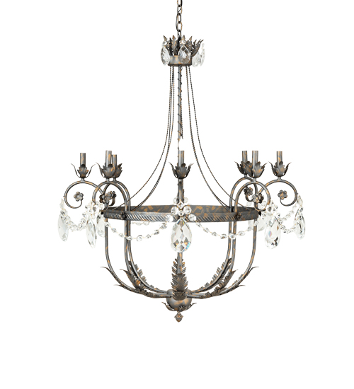  VICTORIAN SCROLL FEATURES CRAFTED OF STEEL CRYSTAL ACCENTS CRYSTAL CHANDELIER FAUX CANDLE SLEVES CANDLE BULB ON TOP STAMPED/CAST METAL LEAF ROSETTE FLOWER ACCENT