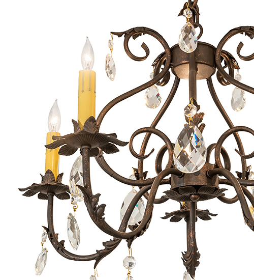  VICTORIAN SCROLL FEATURES CRAFTED OF STEEL CRYSTAL ACCENTS FAUX CANDLE SLEVES CANDLE BULB ON TOP STAMPED/CAST METAL LEAF ROSETTE FLOWER ACCENT