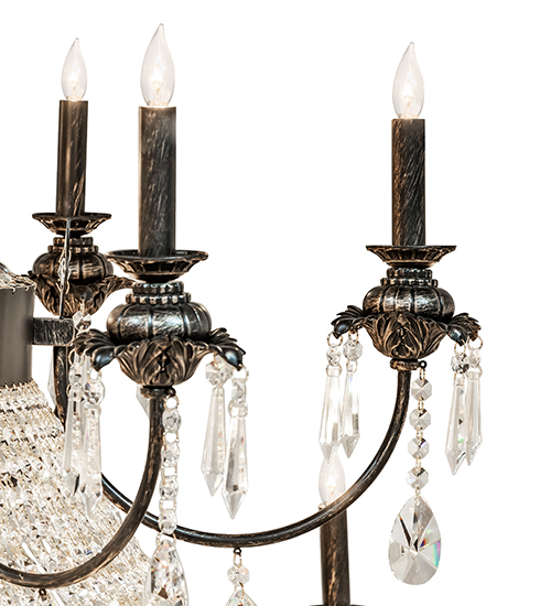  VICTORIAN CRYSTAL CHANDELIER FAUX CANDLE SLEVES CANDLE BULB ON TOP STAMPED/CAST METAL LEAF ROSETTE FLOWER ACCENT