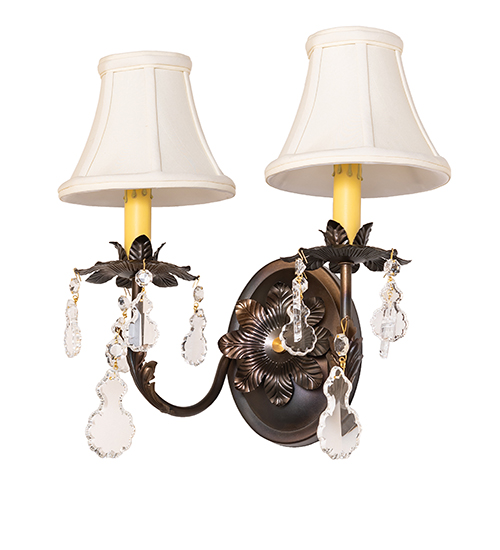  VICTORIAN FABRIC CRYSTAL ACCENTS FAUX CANDLE SLEVES CANDLE BULB ON TOP STAMPED/CAST METAL LEAF ROSETTE FLOWER ACCENT