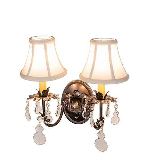  VICTORIAN FABRIC CRYSTAL ACCENTS FAUX CANDLE SLEVES CANDLE BULB ON TOP STAMPED/CAST METAL LEAF ROSETTE FLOWER ACCENT