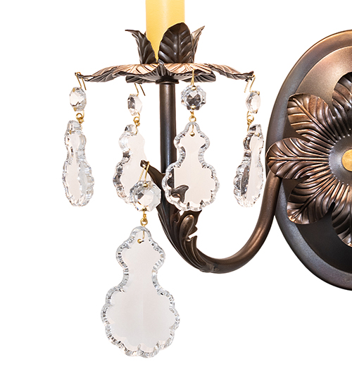 VICTORIAN FABRIC CRYSTAL ACCENTS FAUX CANDLE SLEVES CANDLE BULB ON TOP STAMPED/CAST METAL LEAF ROSETTE FLOWER ACCENT