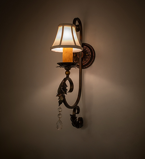  VICTORIAN FABRIC SCROLL FEATURES CRAFTED OF STEEL CRYSTAL ACCENTS FAUX CANDLE SLEVES CANDLE BULB ON TOP STAMPED/CAST METAL LEAF ROSETTE FLOWER ACCENT