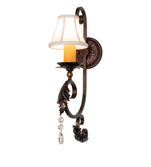  VICTORIAN FABRIC SCROLL FEATURES CRAFTED OF STEEL CRYSTAL ACCENTS FAUX CANDLE SLEVES CANDLE BULB ON TOP STAMPED/CAST METAL LEAF ROSETTE FLOWER ACCENT