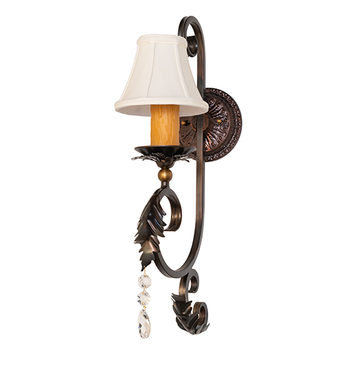  VICTORIAN FABRIC SCROLL FEATURES CRAFTED OF STEEL CRYSTAL ACCENTS FAUX CANDLE SLEVES CANDLE BULB ON TOP STAMPED/CAST METAL LEAF ROSETTE FLOWER ACCENT