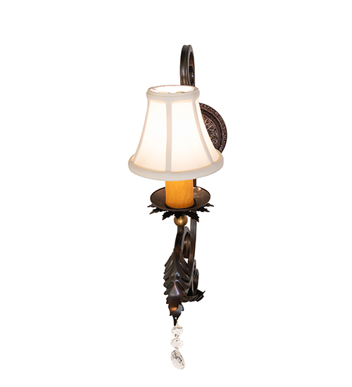  VICTORIAN FABRIC SCROLL FEATURES CRAFTED OF STEEL CRYSTAL ACCENTS FAUX CANDLE SLEVES CANDLE BULB ON TOP STAMPED/CAST METAL LEAF ROSETTE FLOWER ACCENT