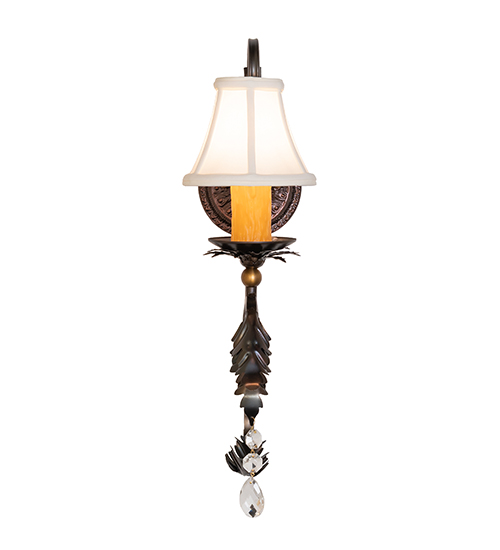  VICTORIAN FABRIC SCROLL FEATURES CRAFTED OF STEEL CRYSTAL ACCENTS FAUX CANDLE SLEVES CANDLE BULB ON TOP STAMPED/CAST METAL LEAF ROSETTE FLOWER ACCENT