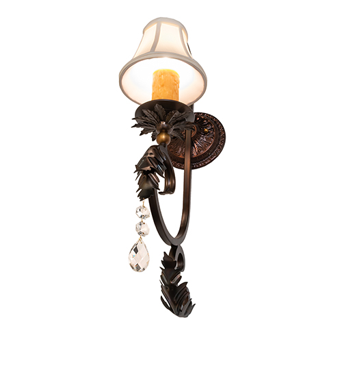  VICTORIAN FABRIC SCROLL FEATURES CRAFTED OF STEEL CRYSTAL ACCENTS FAUX CANDLE SLEVES CANDLE BULB ON TOP STAMPED/CAST METAL LEAF ROSETTE FLOWER ACCENT