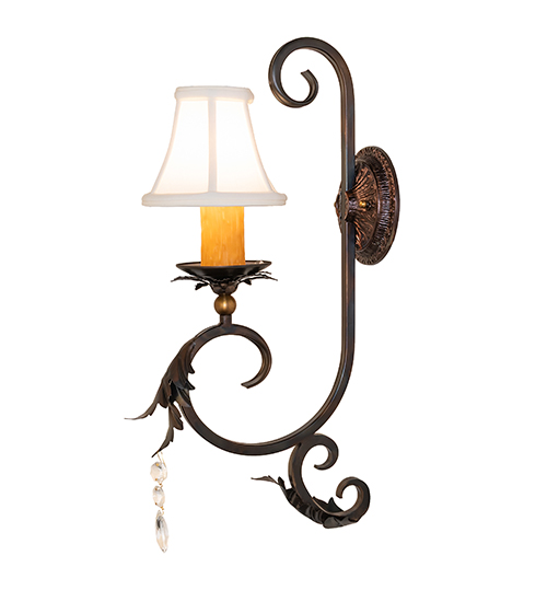  VICTORIAN FABRIC SCROLL FEATURES CRAFTED OF STEEL CRYSTAL ACCENTS FAUX CANDLE SLEVES CANDLE BULB ON TOP STAMPED/CAST METAL LEAF ROSETTE FLOWER ACCENT