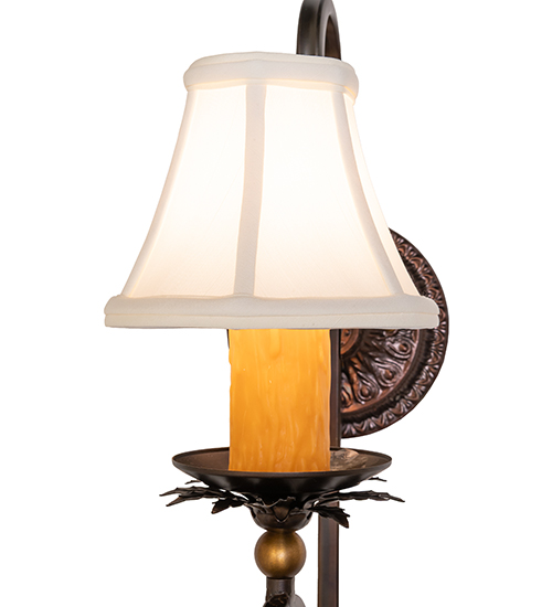  VICTORIAN FABRIC SCROLL FEATURES CRAFTED OF STEEL CRYSTAL ACCENTS FAUX CANDLE SLEVES CANDLE BULB ON TOP STAMPED/CAST METAL LEAF ROSETTE FLOWER ACCENT
