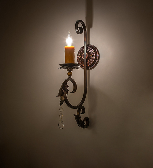  VICTORIAN SCROLL FEATURES CRAFTED OF STEEL CRYSTAL ACCENTS FAUX CANDLE SLEVES CANDLE BULB ON TOP STAMPED/CAST METAL LEAF ROSETTE FLOWER ACCENT